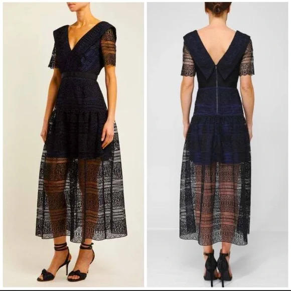 Self-Portrait | Dresses | Self Portrait Spiral Panel Lace Midi Dress Navy  Blue Us Size 6 New | Poshmark